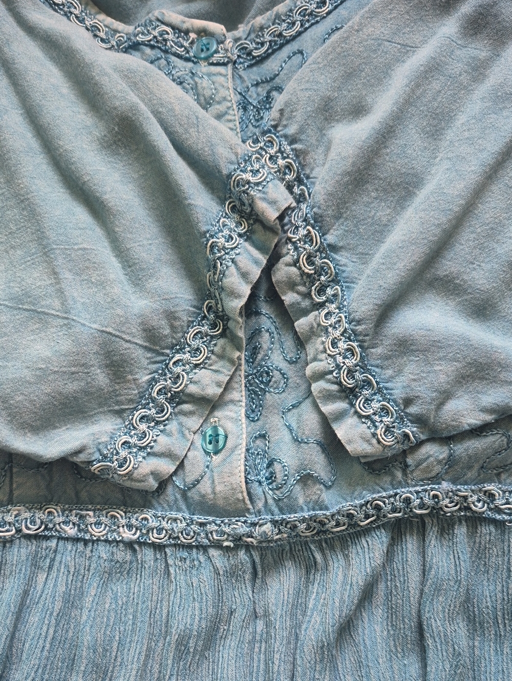 90s Vintage Papillon Cottagecore Dress Teal Blue Embroidered Empire Waist - Picture 3 of 5